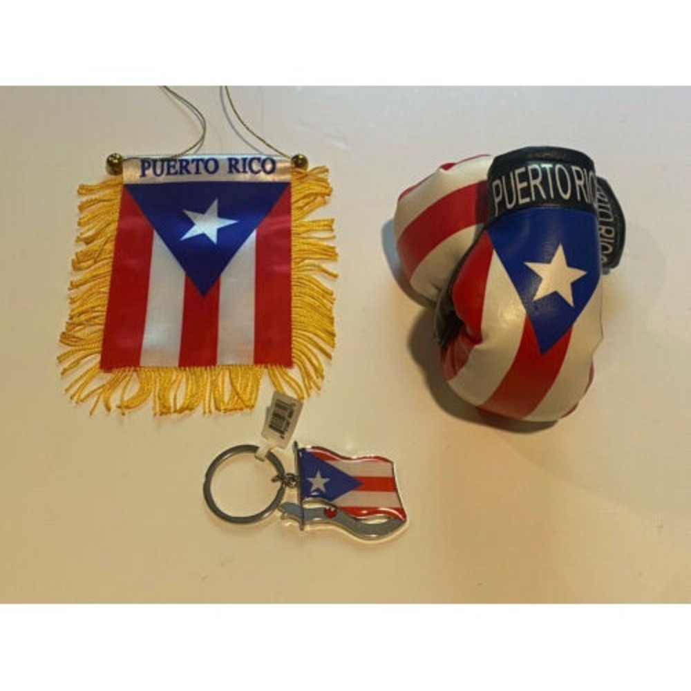 Puerto Rico Souvenir Lot Mini Banner Boxing Gloves and Flag Keychain 3pc Set